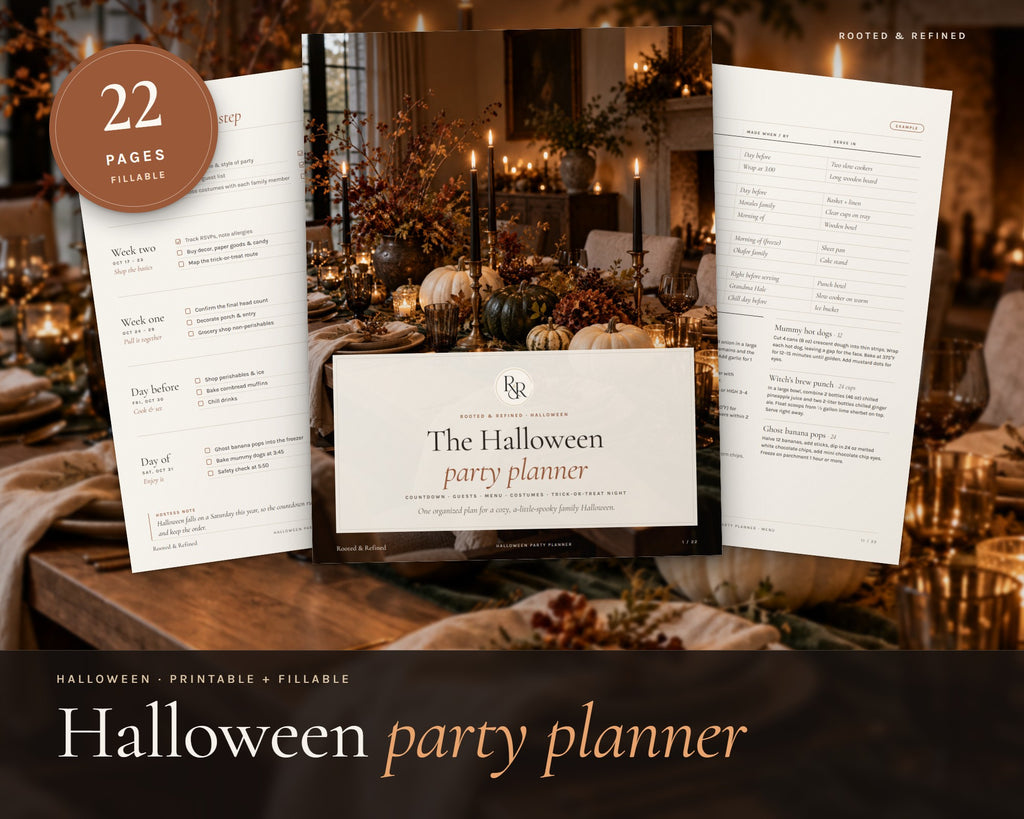 Halloween Party Planner printable from Rooted & Refined: cover preview with the printed pages styled on a table
