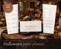 Halloween Party Planner printable from Rooted & Refined: cover preview with the printed pages styled on a table