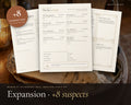1920s Murder Mystery Expansion Pack printable from Rooted & Refined: cover preview with the printed pages styled on a table