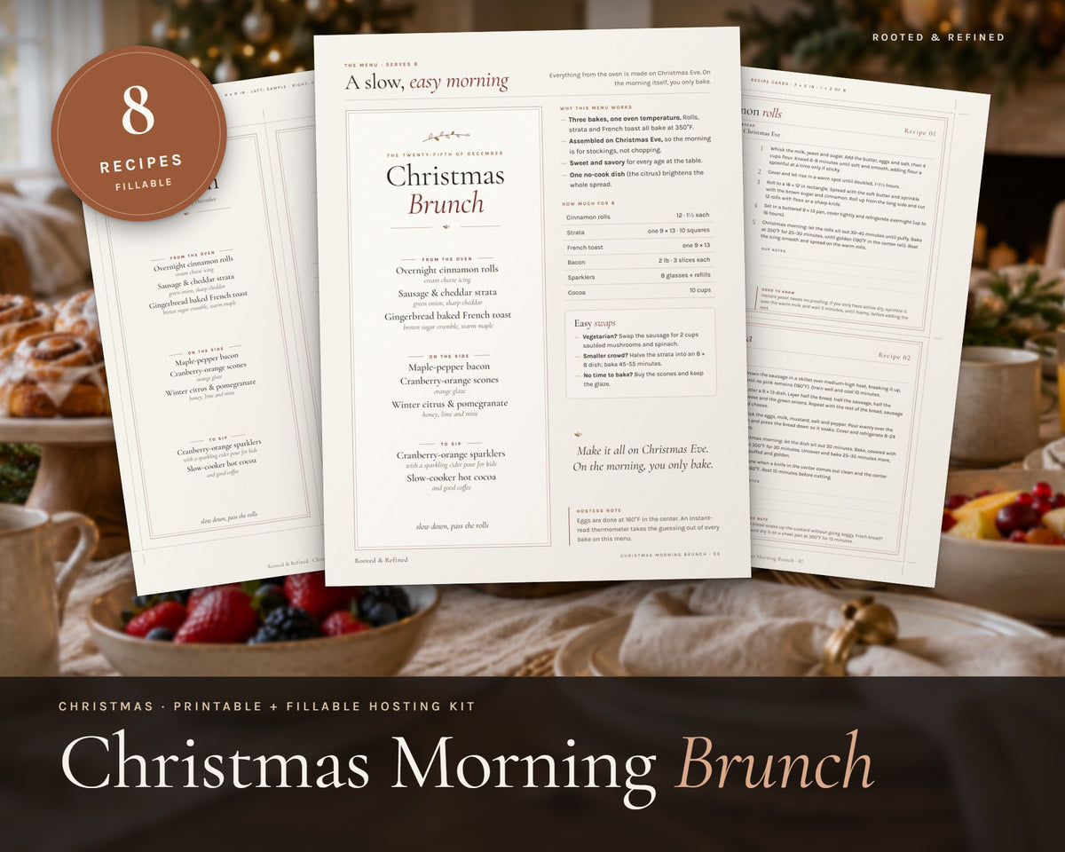 Christmas Brunch Menu printable from Rooted & Refined: cover preview with the printed pages styled on a table