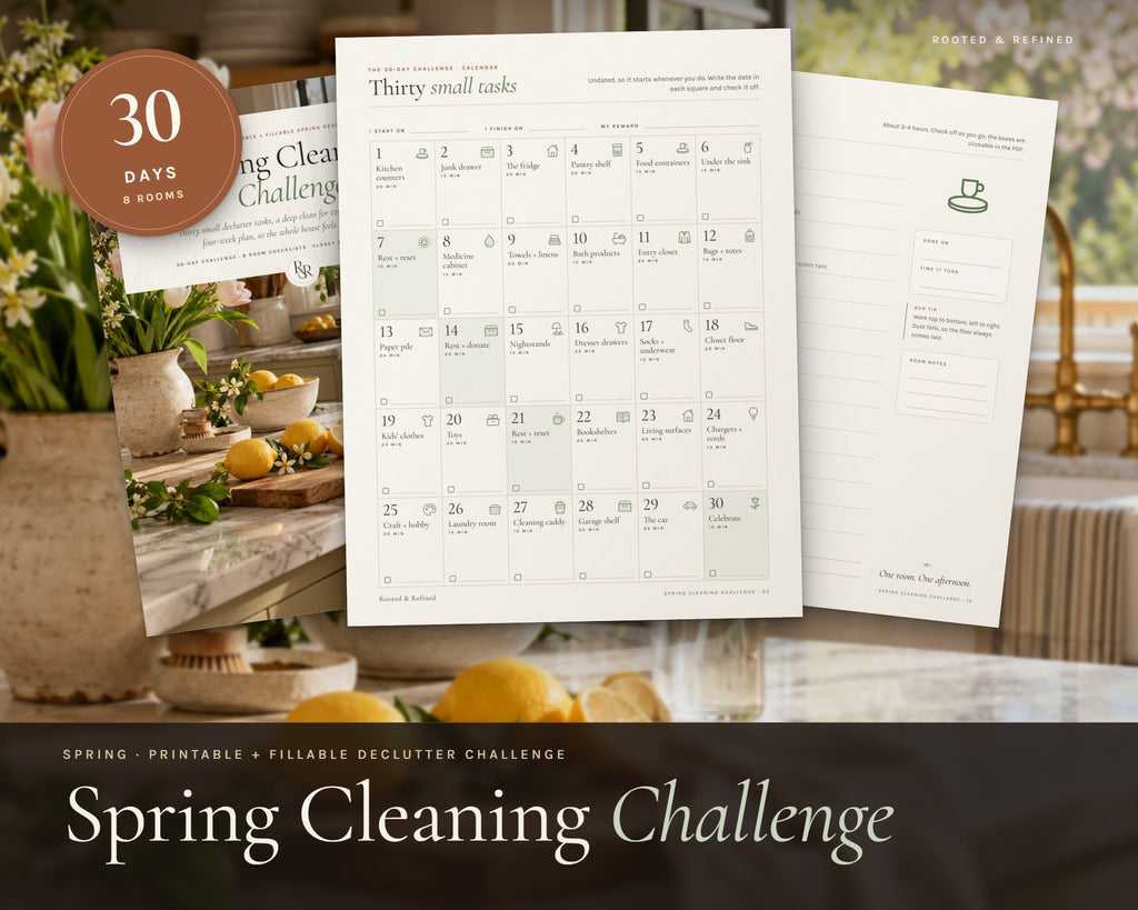 Spring Cleaning Checklist printable from Rooted & Refined: cover preview with the printed pages styled on a table