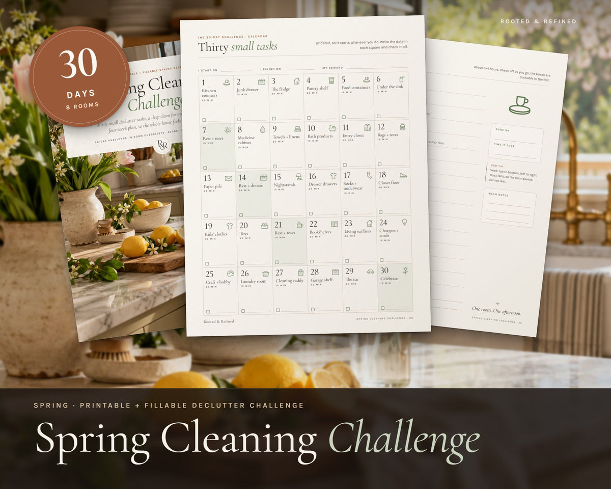 Spring Cleaning Checklist printable from Rooted & Refined: cover preview with the printed pages styled on a table