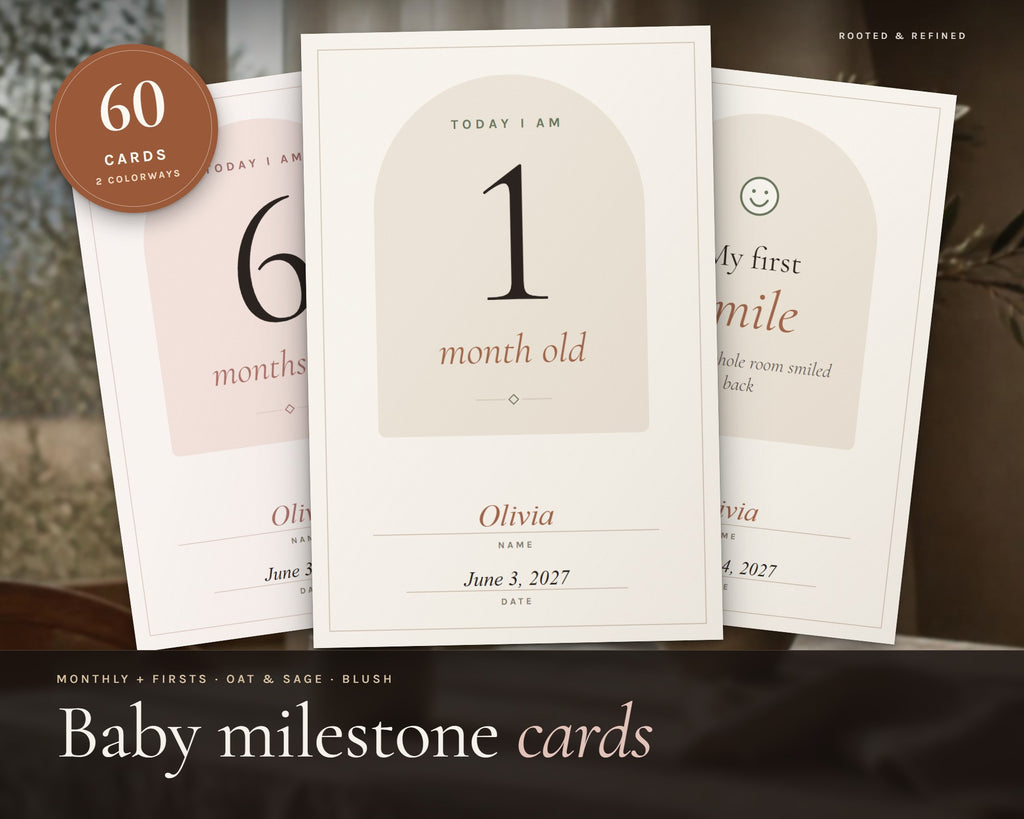 Baby Milestone Cards printable from Rooted & Refined: cover preview with the printed pages styled on a table