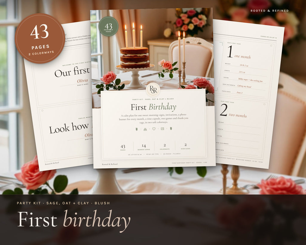First Birthday Party Kit printable from Rooted & Refined: cover preview with the printed pages styled on a table