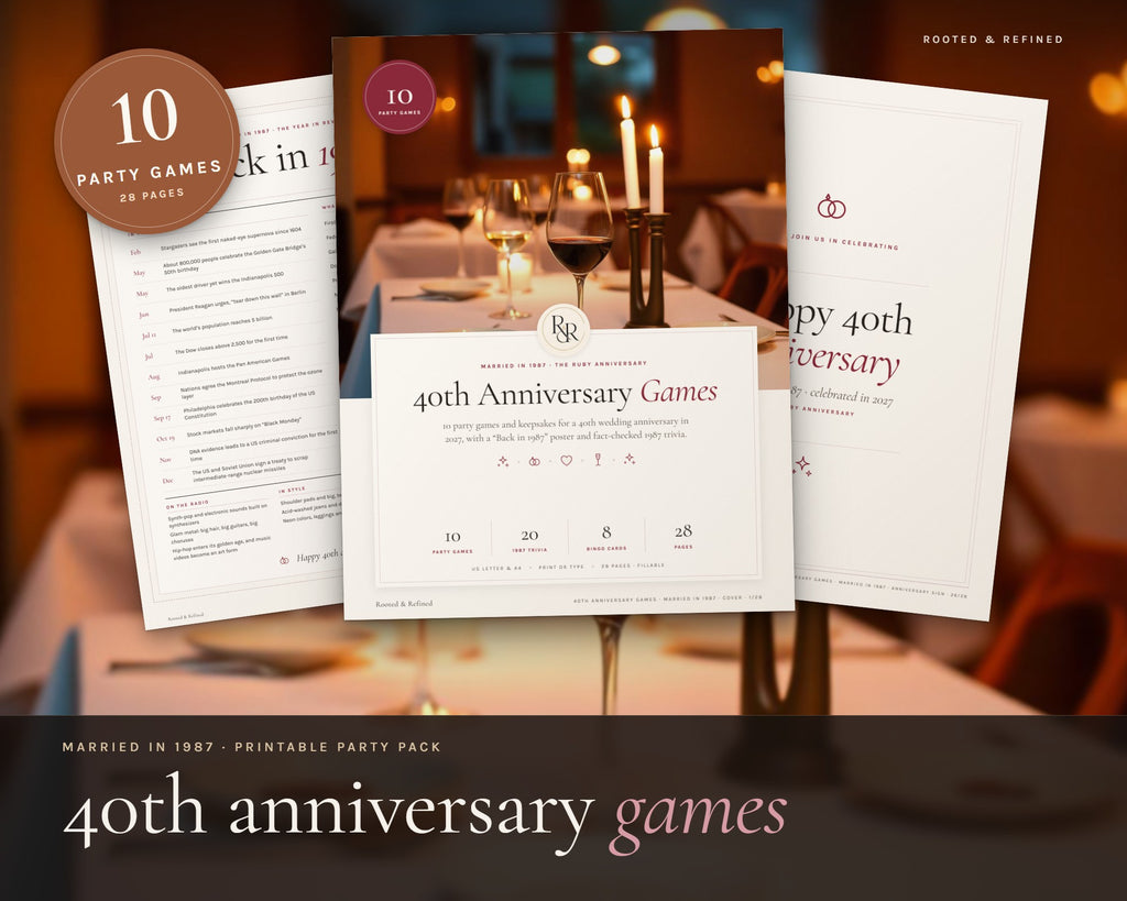 40th Anniversary Party Games printable from Rooted & Refined: cover preview with the printed pages styled on a table