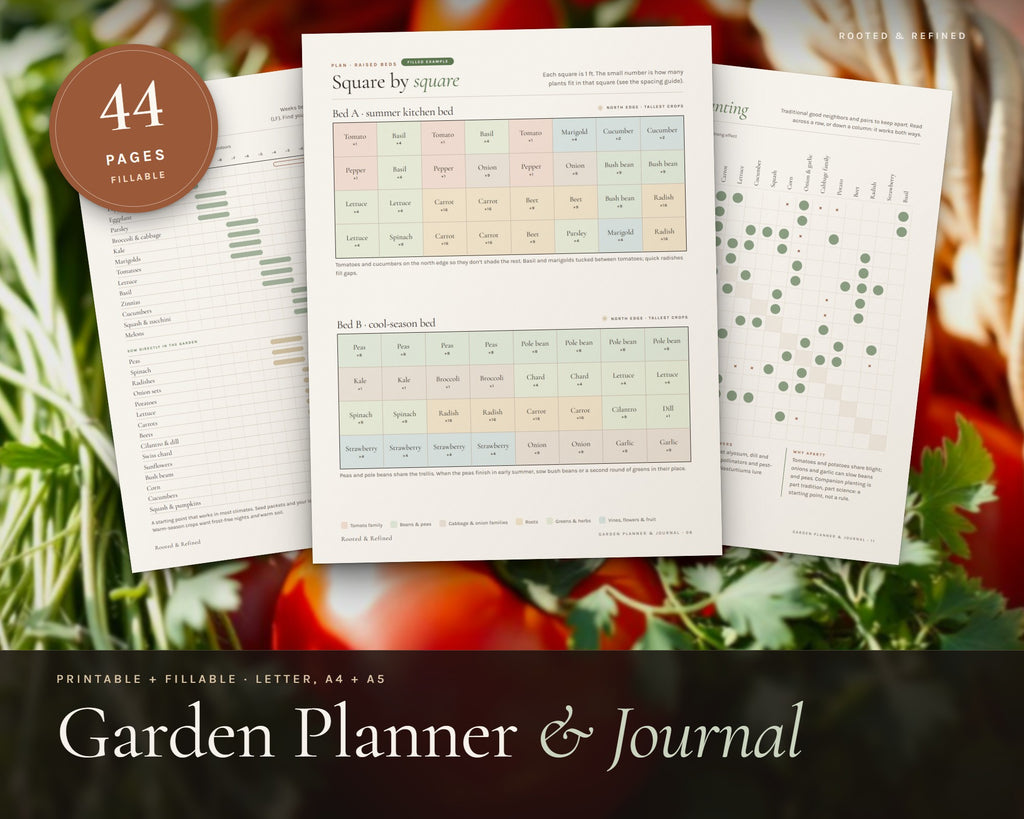 Garden Planner printable from Rooted & Refined: cover preview with the printed pages styled on a table