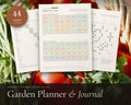 Garden Planner printable from Rooted & Refined: cover preview with the printed pages styled on a table