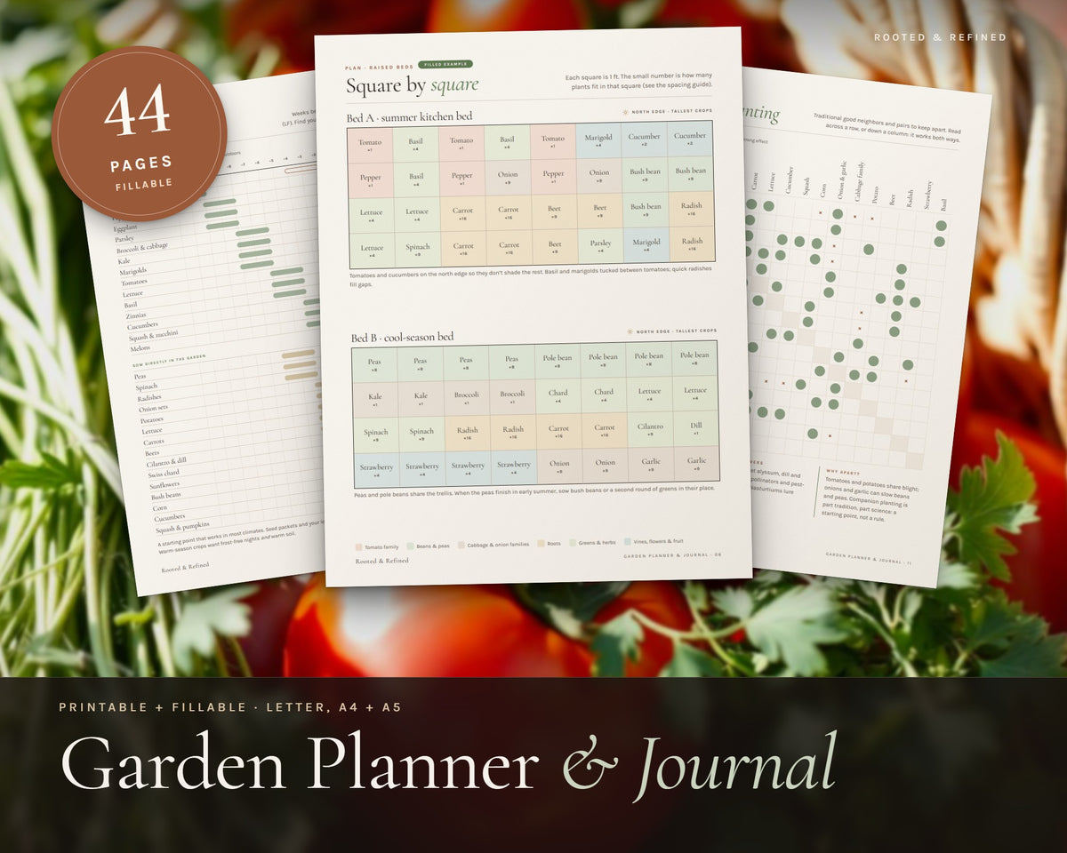 Garden Planner printable from Rooted & Refined: cover preview with the printed pages styled on a table