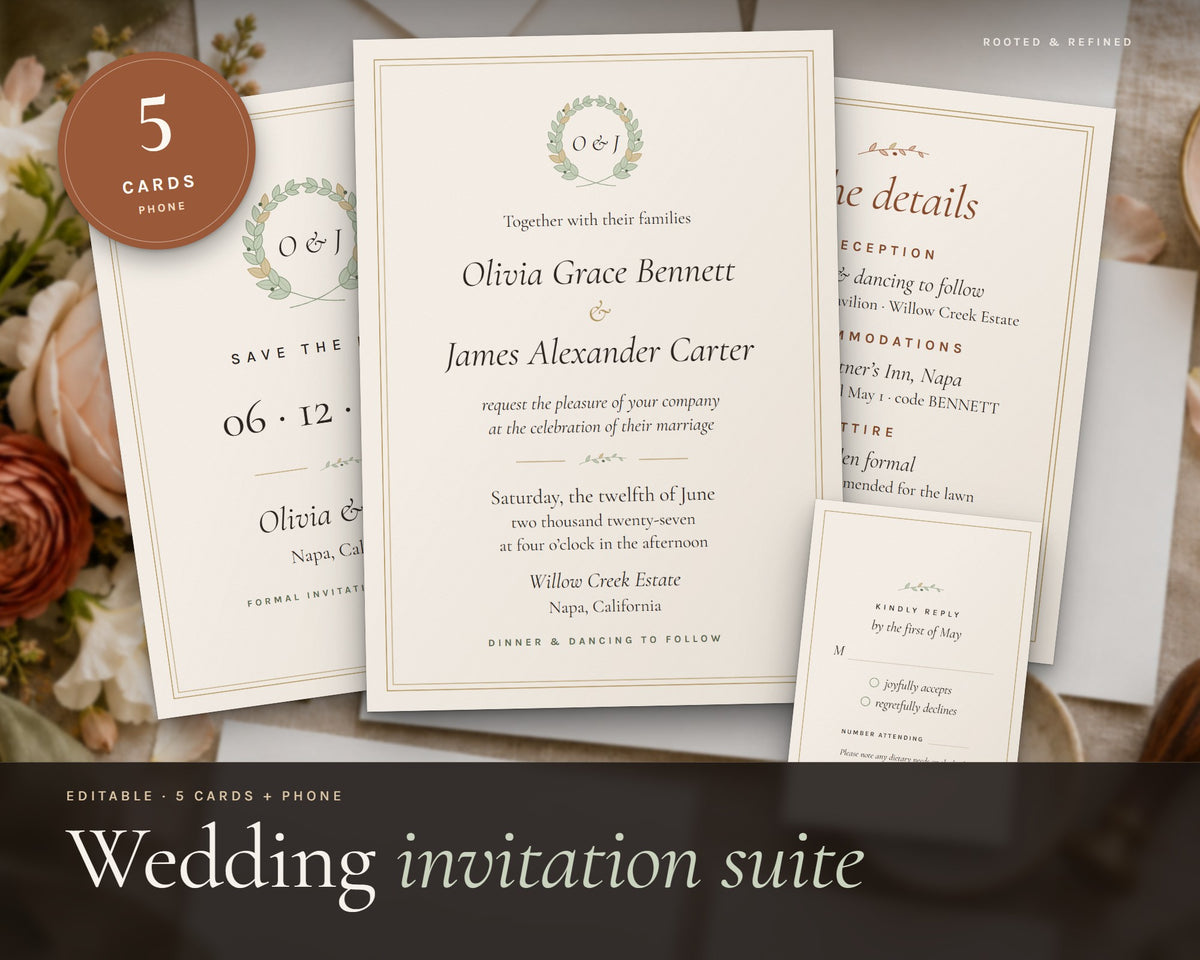 Wedding Invitation Suite printable from Rooted & Refined: cover preview with the printed pages styled on a table