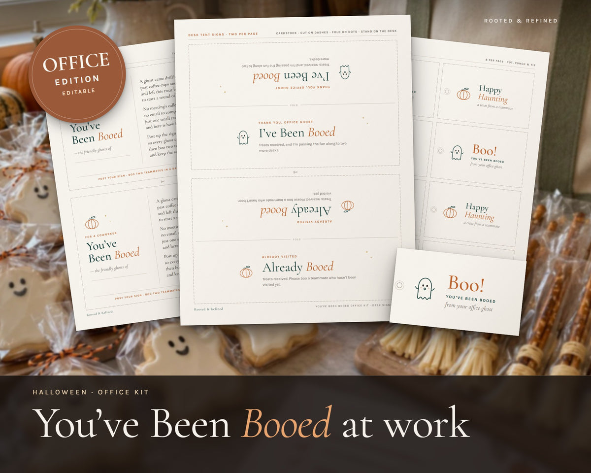 You've Been Booed Office Kit printable from Rooted & Refined: cover preview with the printed pages styled on a table