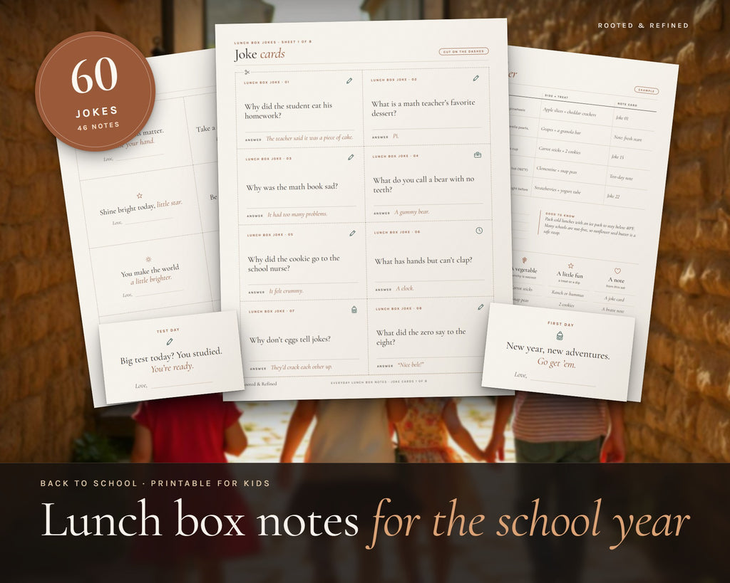 Lunch Box Notes for Kids printable from Rooted & Refined: cover preview with the printed pages styled on a table