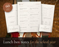Lunch Box Notes for Kids printable from Rooted & Refined: cover preview with the printed pages styled on a table