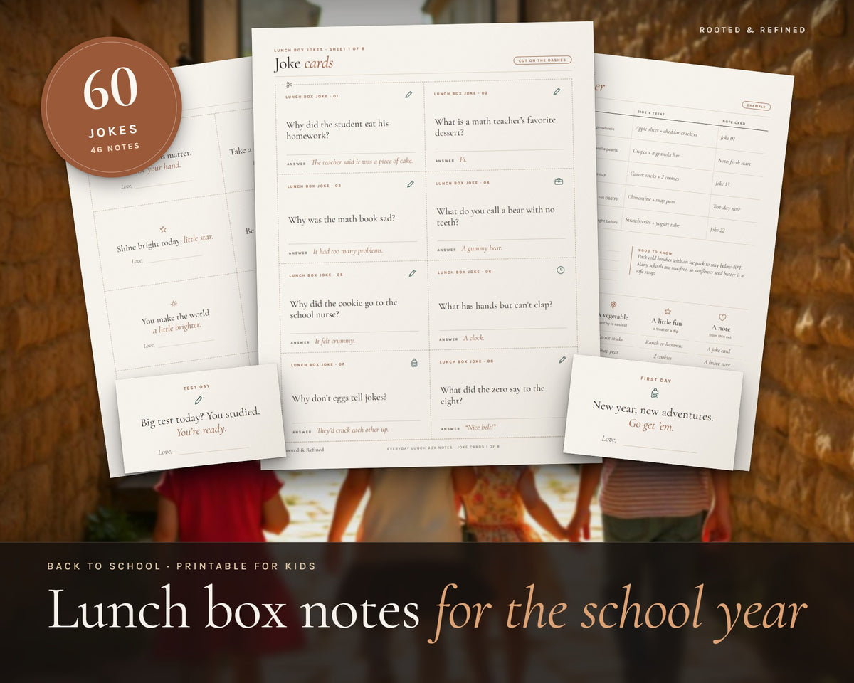 Lunch Box Notes for Kids printable from Rooted & Refined: cover preview with the printed pages styled on a table