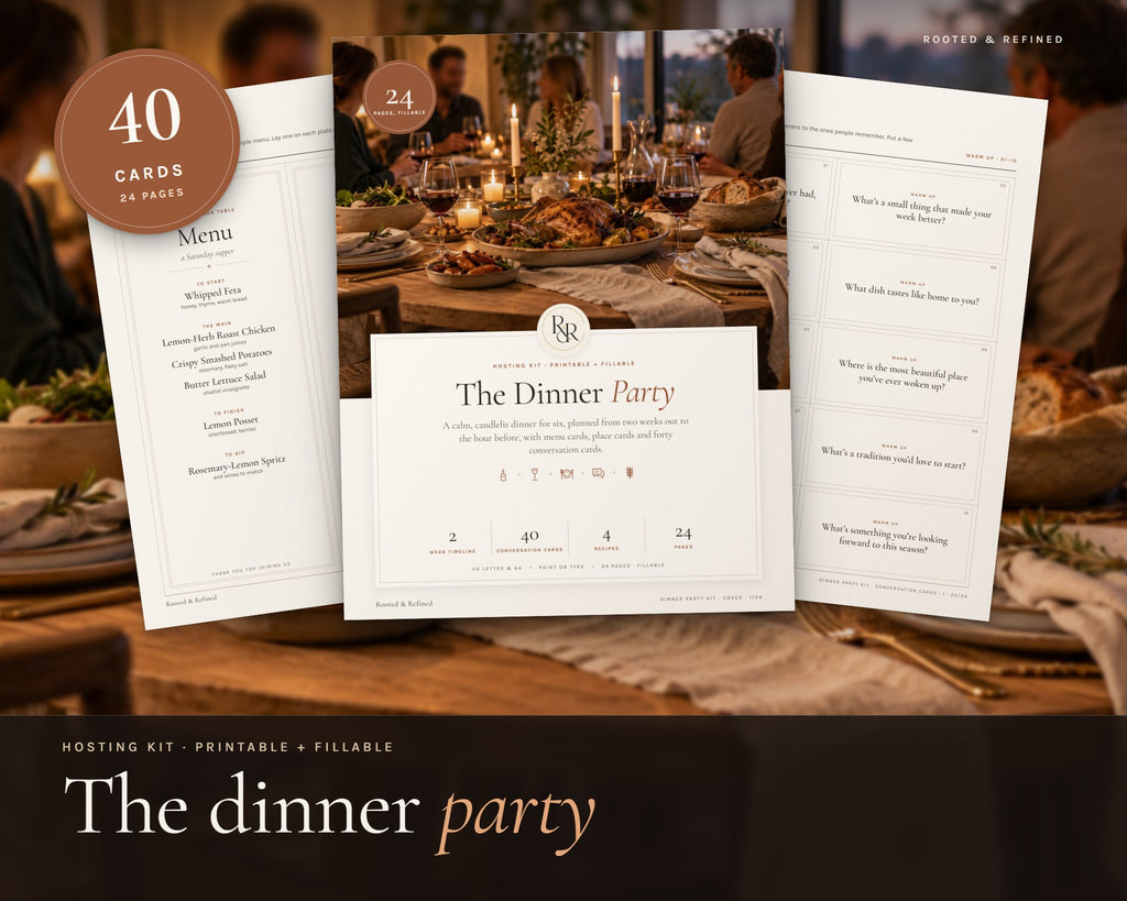 Dinner Party Kit printable from Rooted & Refined: cover preview with the printed pages styled on a table