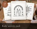 Wedding Activity Book for Kids printable from Rooted & Refined: cover preview with the printed pages styled on a table