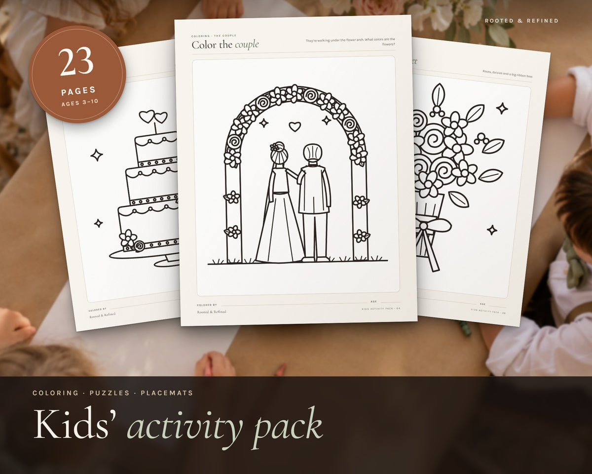 Wedding Activity Book for Kids printable from Rooted & Refined: cover preview with the printed pages styled on a table