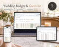 Wedding Budget Spreadsheet printable from Rooted & Refined: cover preview with the printed pages styled on a table