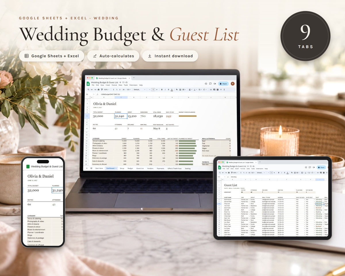 Wedding Budget Spreadsheet printable from Rooted & Refined: cover preview with the printed pages styled on a table