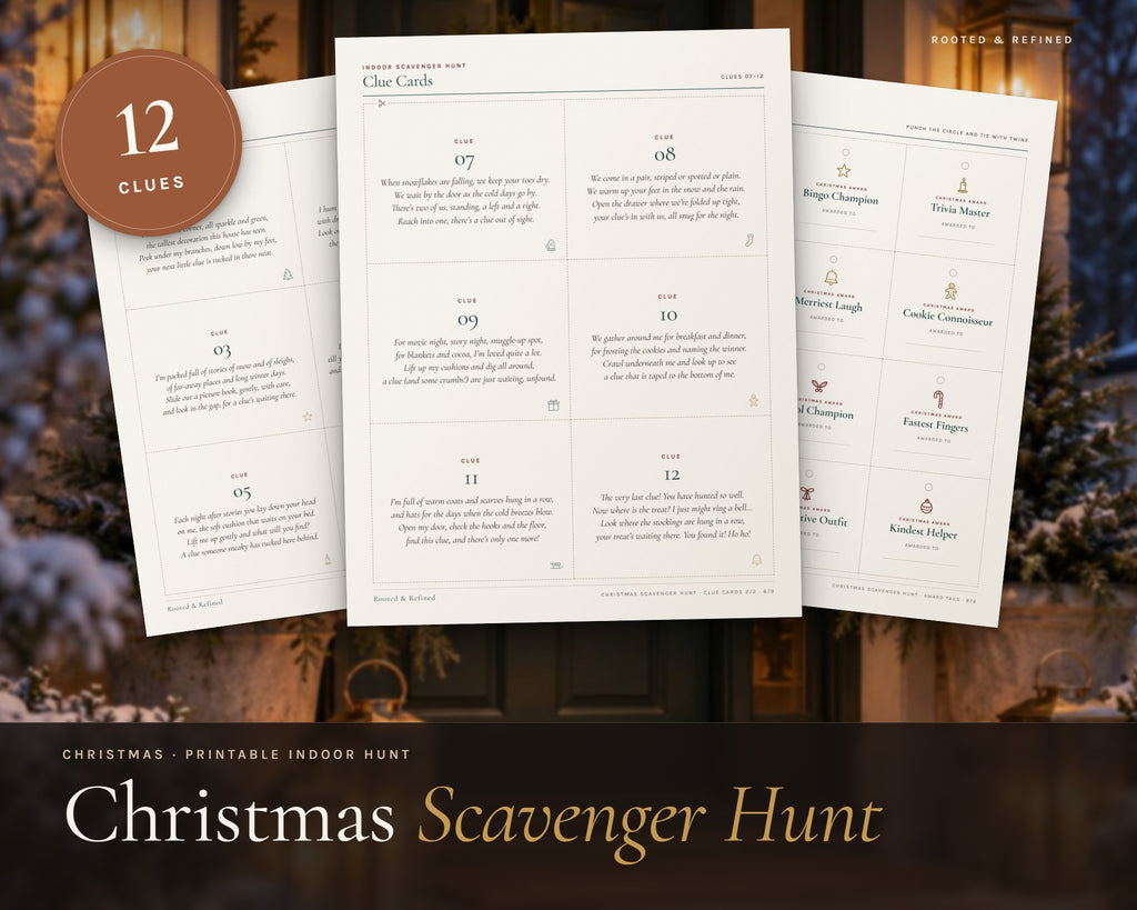 Christmas Scavenger Hunt for Kids printable from Rooted & Refined: cover preview with the printed pages styled on a table