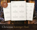 Christmas Scavenger Hunt for Kids printable from Rooted & Refined: cover preview with the printed pages styled on a table