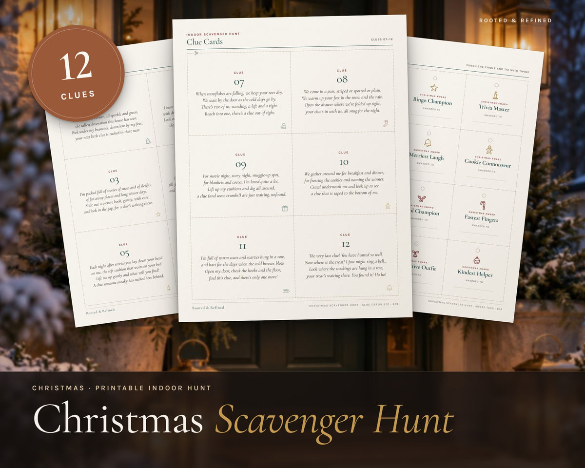 Christmas Scavenger Hunt for Kids printable from Rooted & Refined: cover preview with the printed pages styled on a table