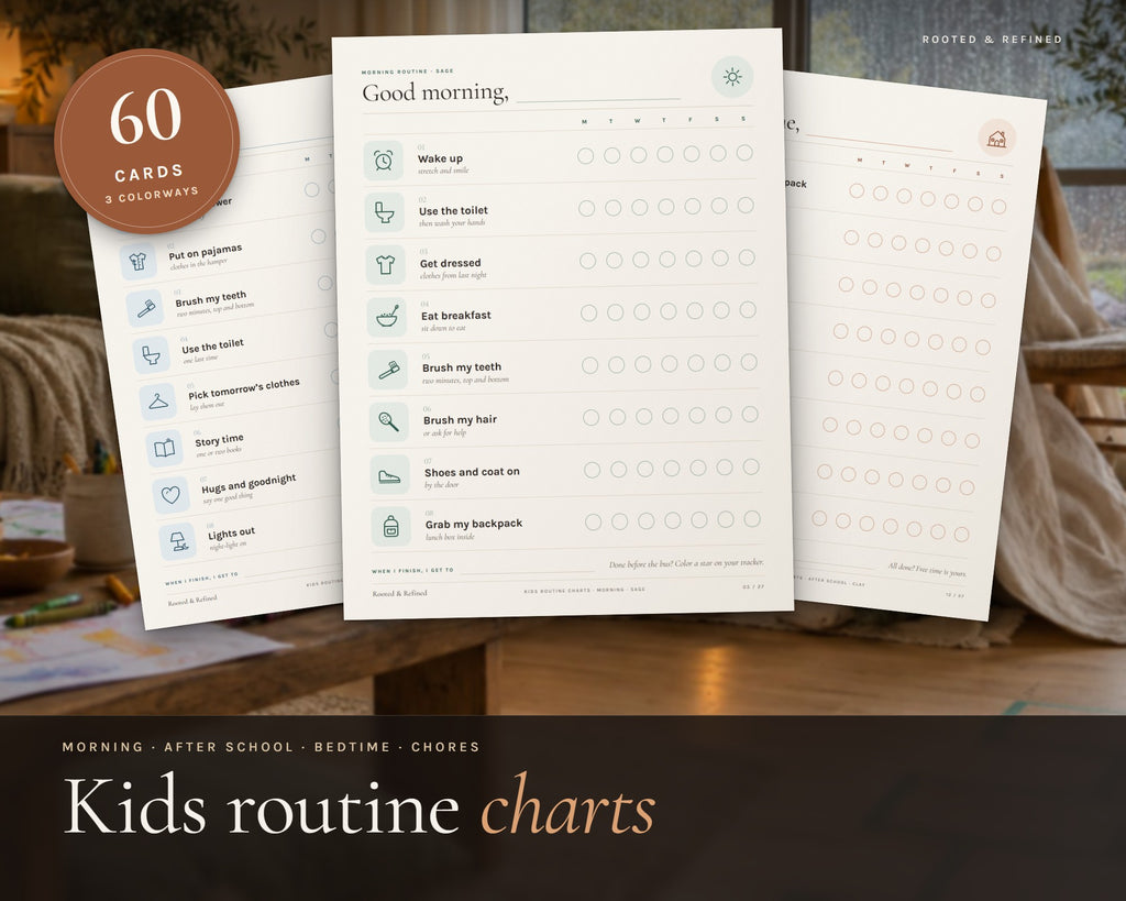 Kids Routine Chart printable from Rooted & Refined: cover preview with the printed pages styled on a table