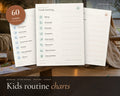 Kids Routine Chart printable from Rooted & Refined: cover preview with the printed pages styled on a table