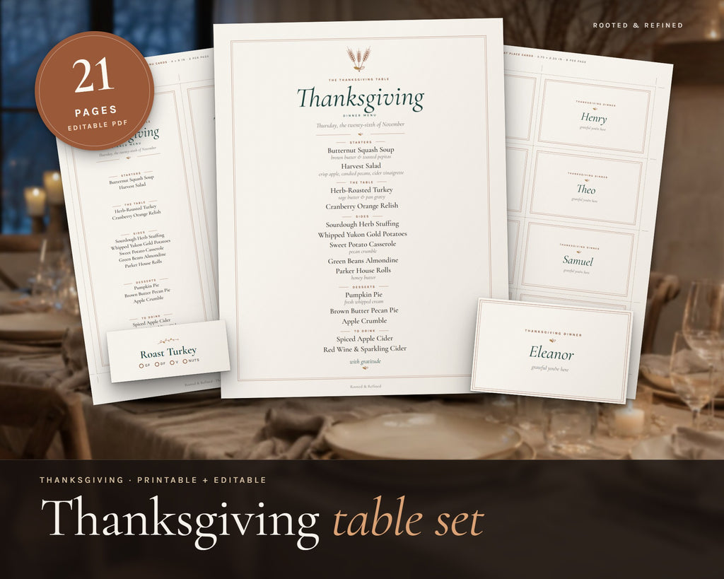 Thanksgiving Menu and Place Cards printable from Rooted & Refined: cover preview with the printed pages styled on a table