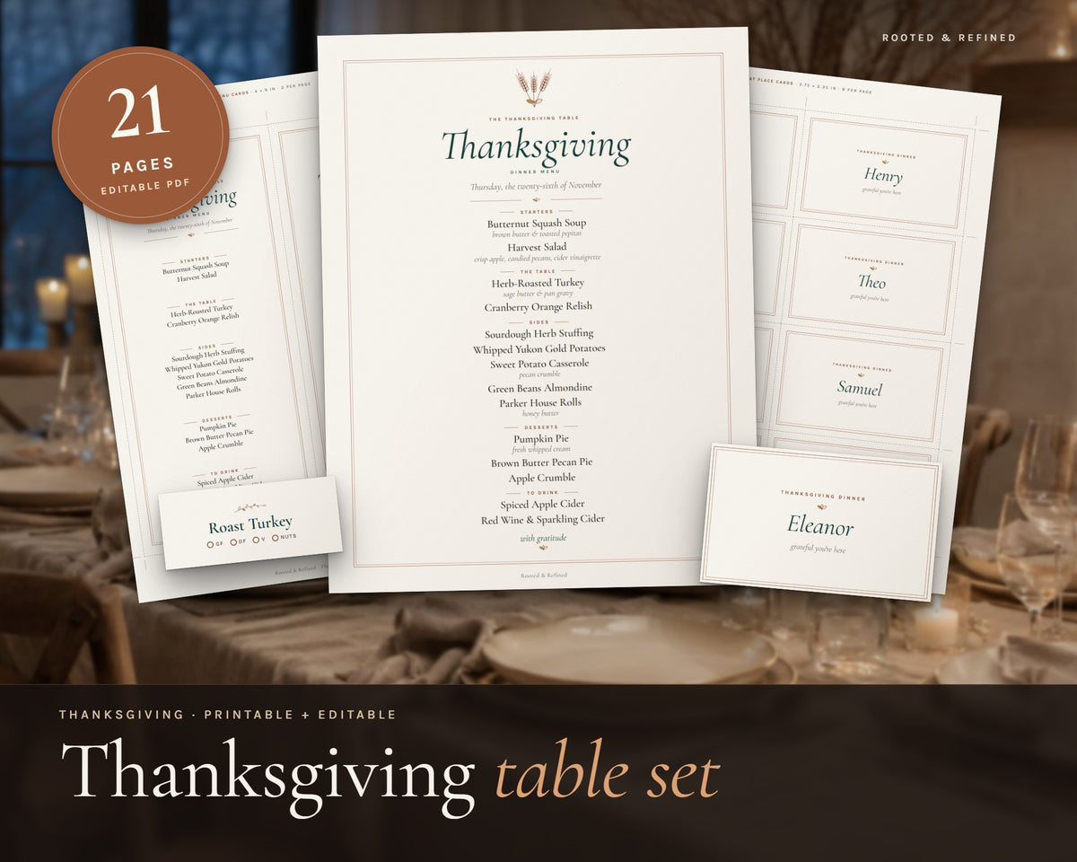 Thanksgiving Menu and Place Cards printable from Rooted & Refined: cover preview with the printed pages styled on a table