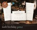 60th Birthday Party Games printable from Rooted & Refined: cover preview with the printed pages styled on a table