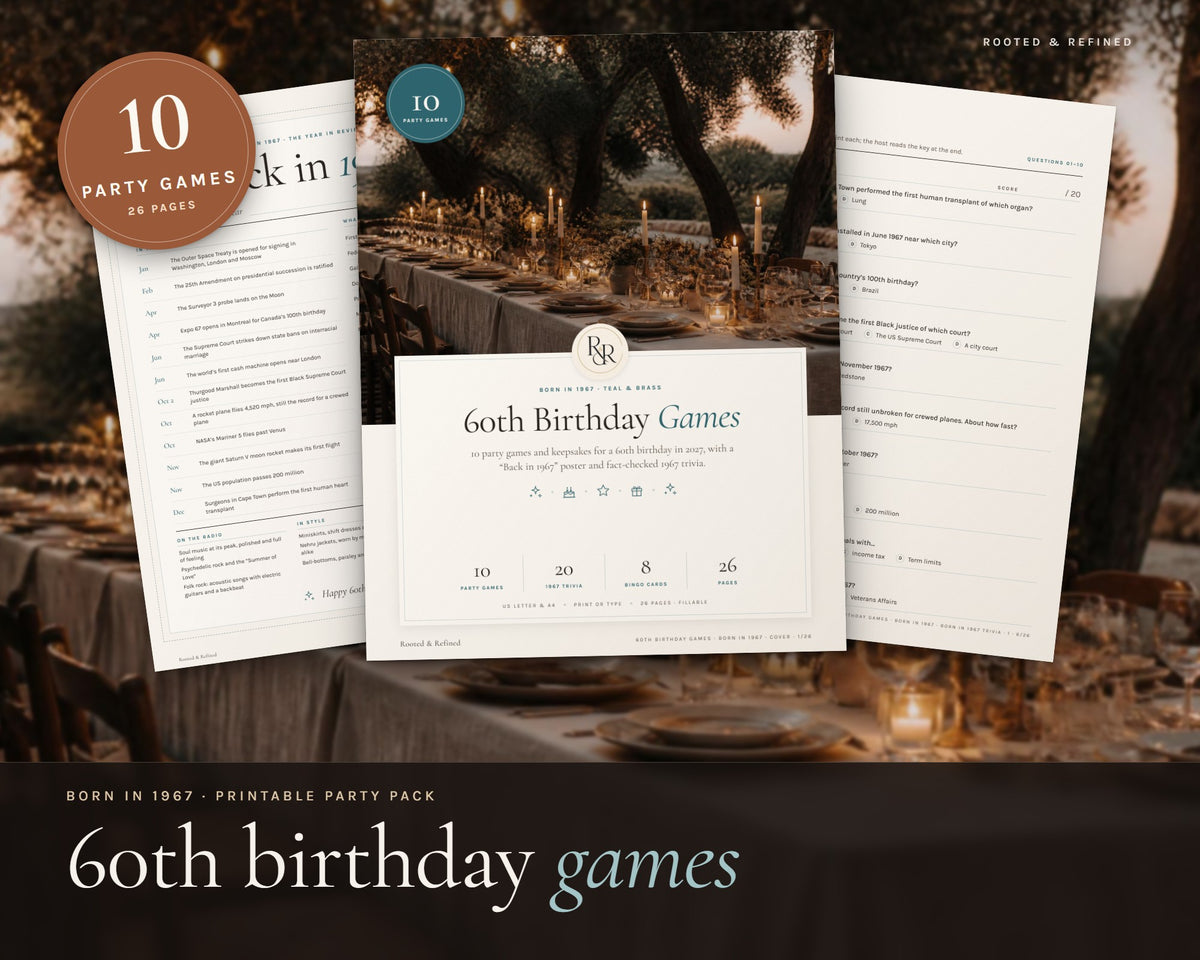 60th Birthday Party Games printable from Rooted & Refined: cover preview with the printed pages styled on a table