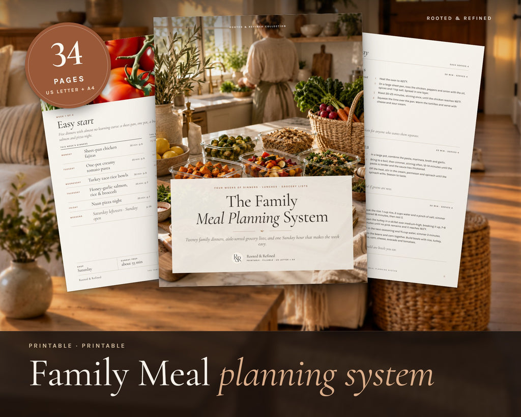 Family Meal Planner printable from Rooted & Refined: cover preview with the printed pages styled on a table