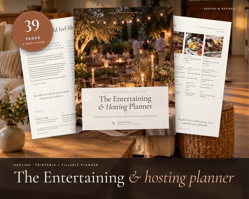Entertaining Planner printable from Rooted & Refined: cover preview with the printed pages styled on a table