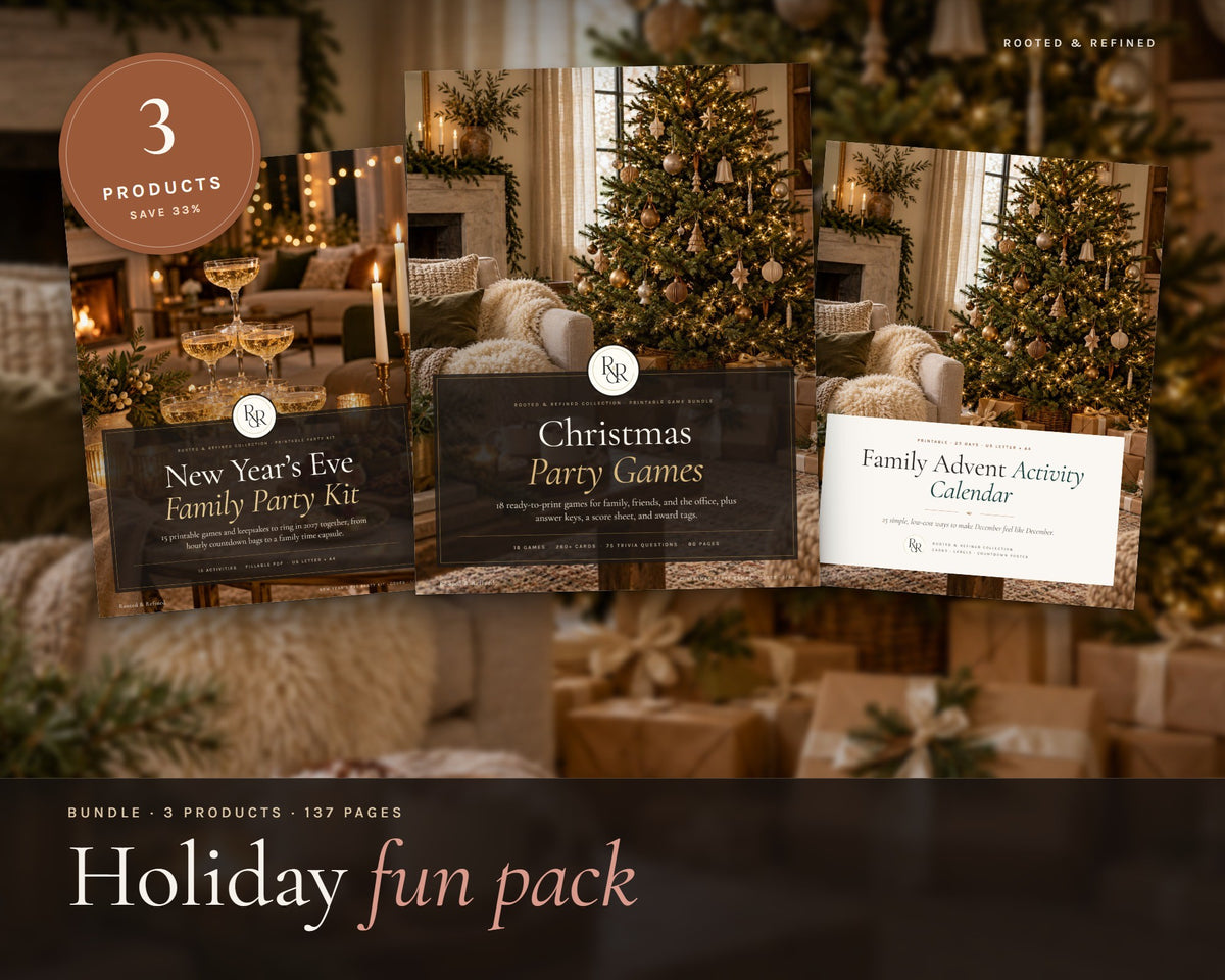 Holiday Fun Pack printable from Rooted & Refined: cover preview with the printed pages styled on a table