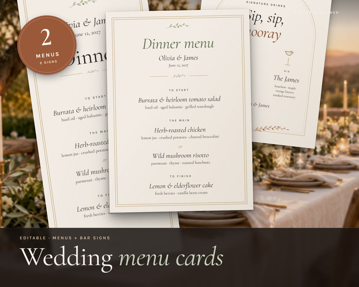 Wedding Menu Cards printable from Rooted & Refined: cover preview with the printed pages styled on a table