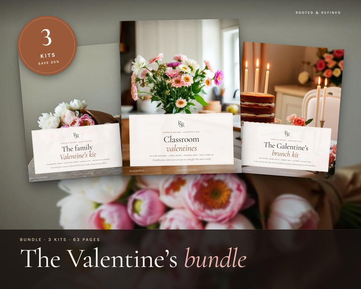 Valentine's Day Bundle printable from Rooted & Refined: cover preview with the printed pages styled on a table