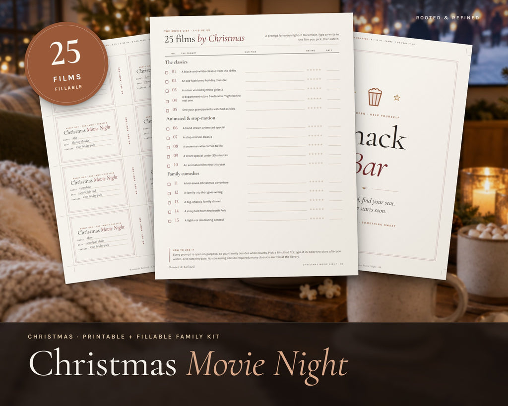 Christmas Movie Night printable from Rooted & Refined: cover preview with the printed pages styled on a table