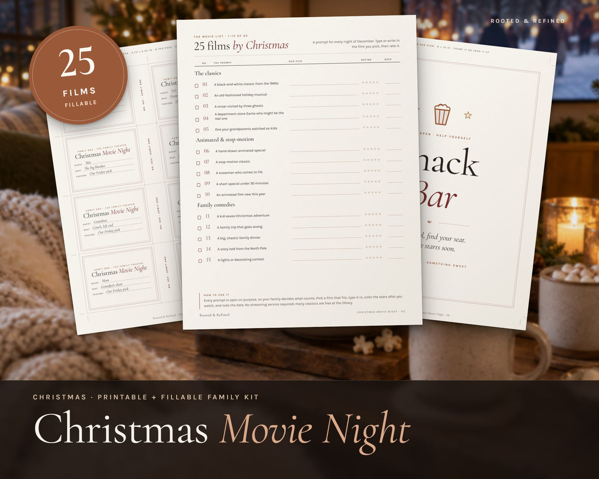 Christmas Movie Night printable from Rooted & Refined: cover preview with the printed pages styled on a table