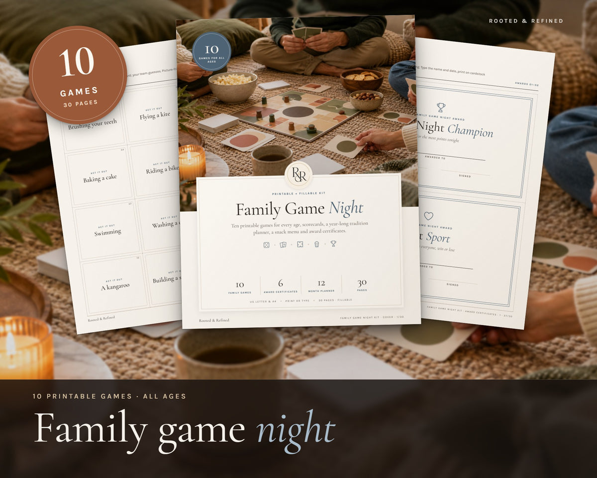 Family Game Night Kit printable from Rooted & Refined: cover preview with the printed pages styled on a table