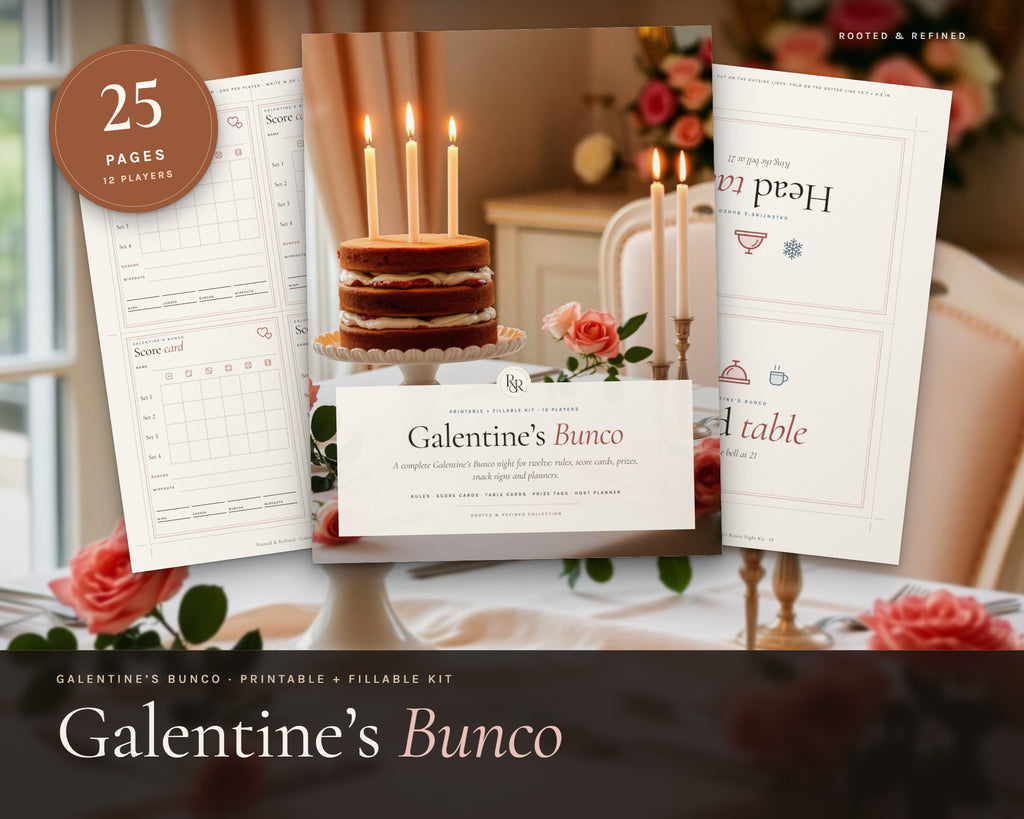 Galentine's Winter Bunco Night Kit printable from Rooted & Refined: cover preview with the printed pages styled on a table