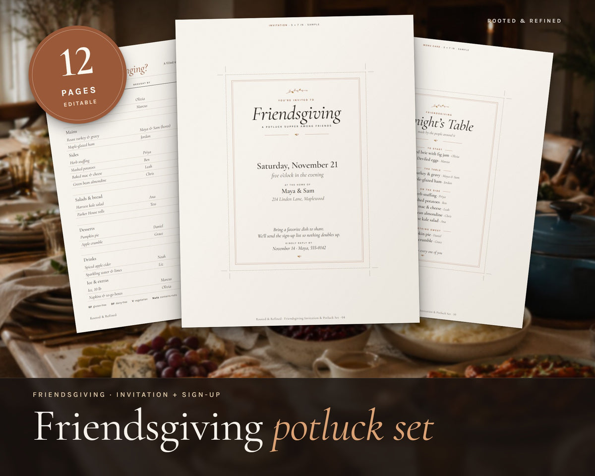 Friendsgiving Invitation and Potluck Sign Up Sheet printable from Rooted & Refined: cover preview with the printed pages styled on a table