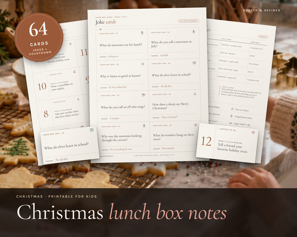 Christmas Lunch Box Notes for Kids printable from Rooted & Refined: cover preview with the printed pages styled on a table