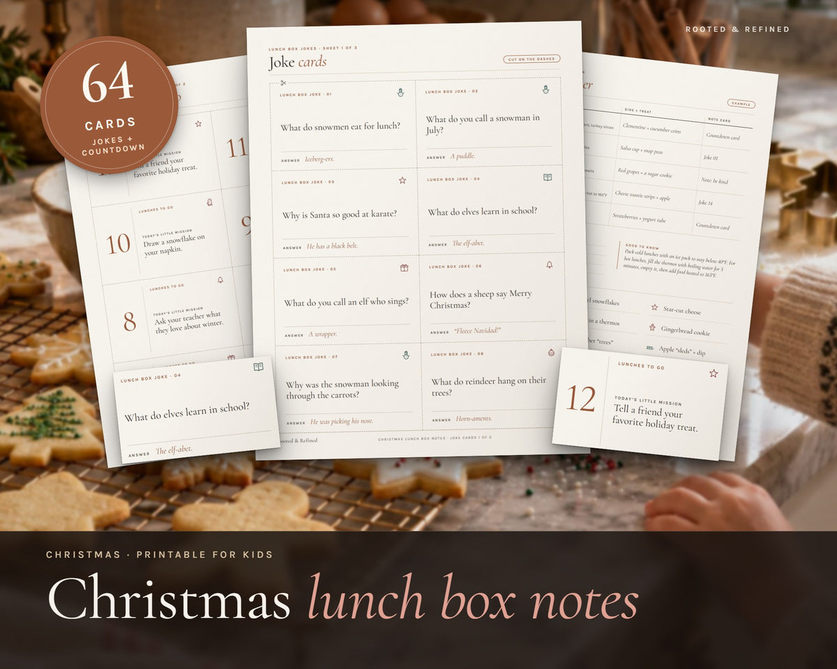 Christmas Lunch Box Notes for Kids printable from Rooted & Refined: cover preview with the printed pages styled on a table