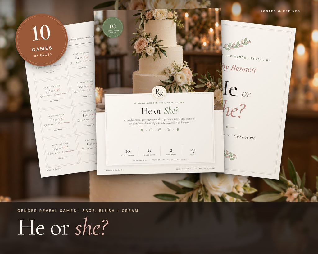 Gender Reveal Party Games printable from Rooted & Refined: cover preview with the printed pages styled on a table