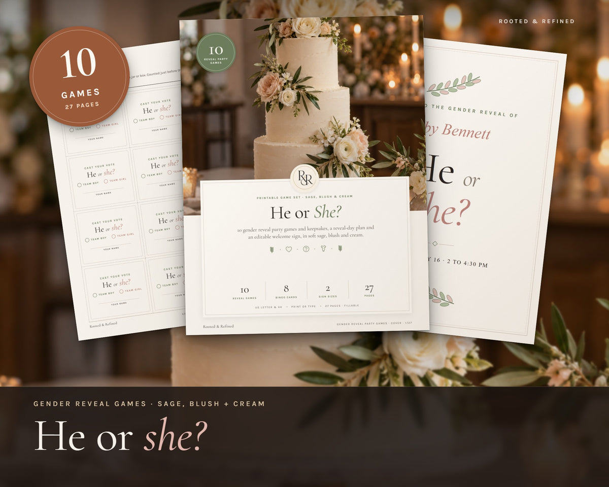 Gender Reveal Party Games printable from Rooted & Refined: cover preview with the printed pages styled on a table