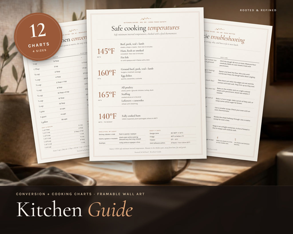 Kitchen Cheat Sheets printable from Rooted & Refined: cover preview with the printed pages styled on a table