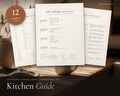 Kitchen Cheat Sheets printable from Rooted & Refined: cover preview with the printed pages styled on a table