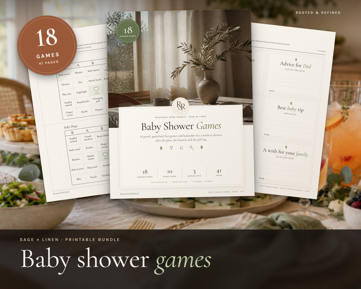 Baby Shower Games Bundle printable from Rooted & Refined: cover preview with the printed pages styled on a table