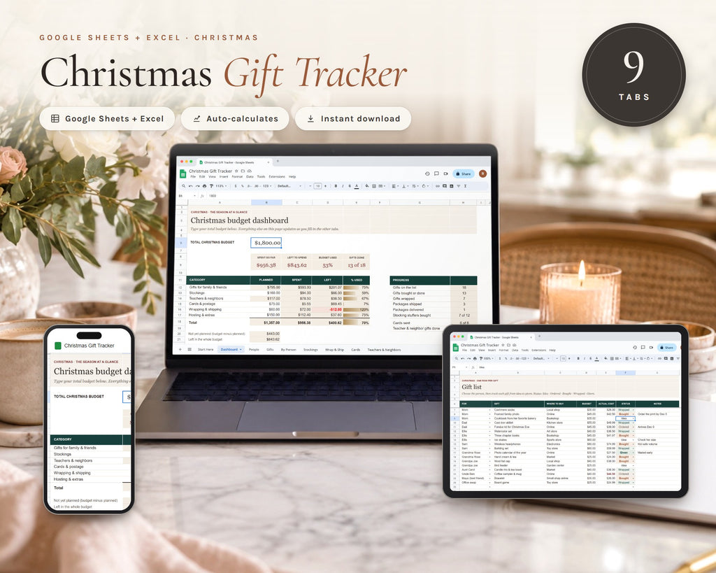Christmas Gift Tracker Spreadsheet printable from Rooted & Refined: cover preview with the printed pages styled on a table