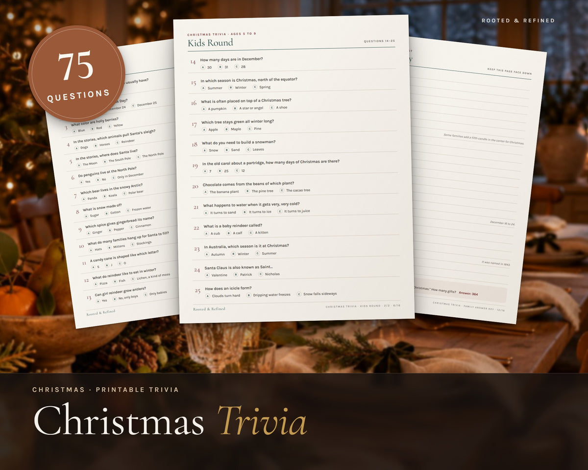 Christmas Trivia Game printable from Rooted & Refined: cover preview with the printed pages styled on a table